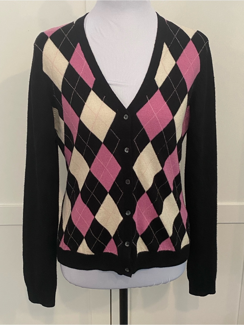 Brooks Brothers Black Pink Cream Argyle V-Neck Cardigan 100% Merino Wool Medium